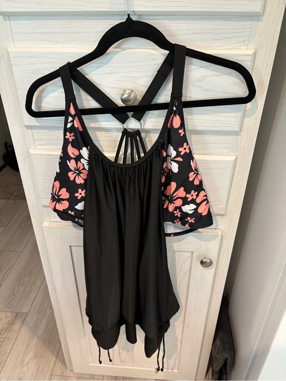 Black Floral Two-Piece Swim Set with Pink & White Hibiscus
